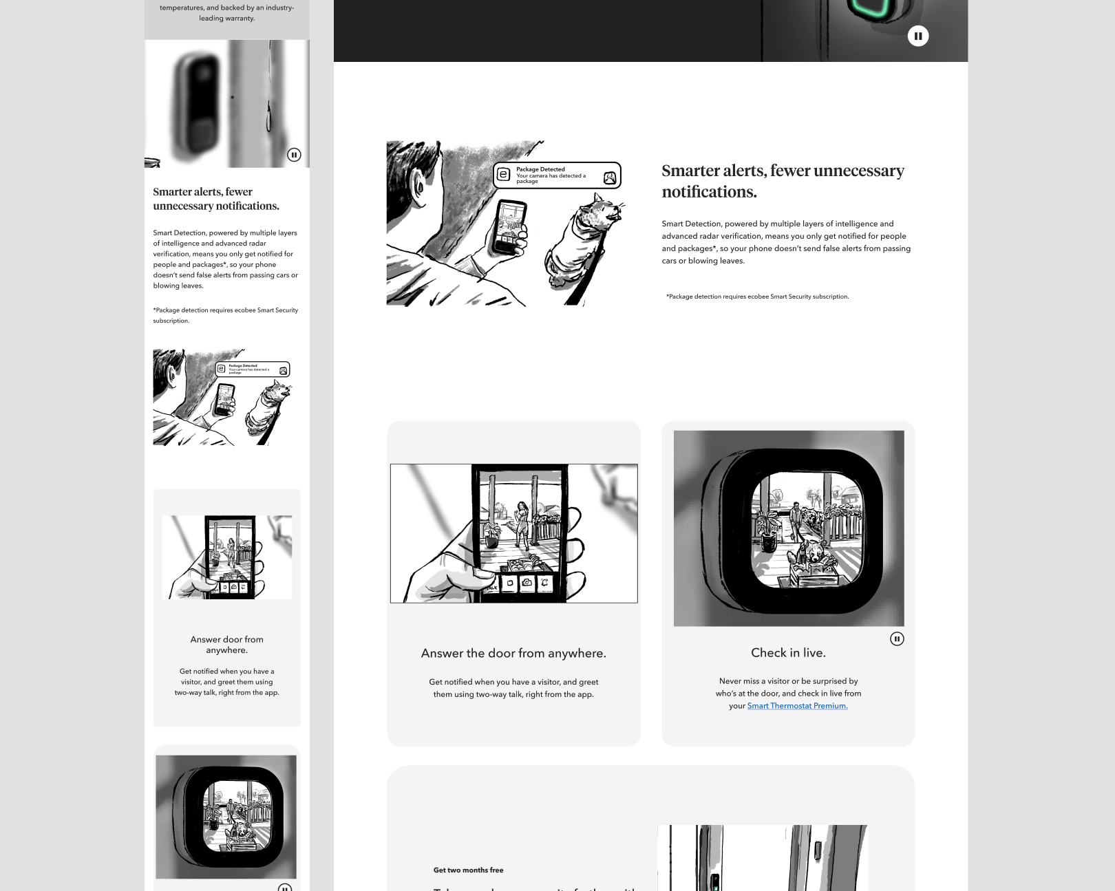 Black-and-white storyboard mockups directing the photoshoot for each key feature moment