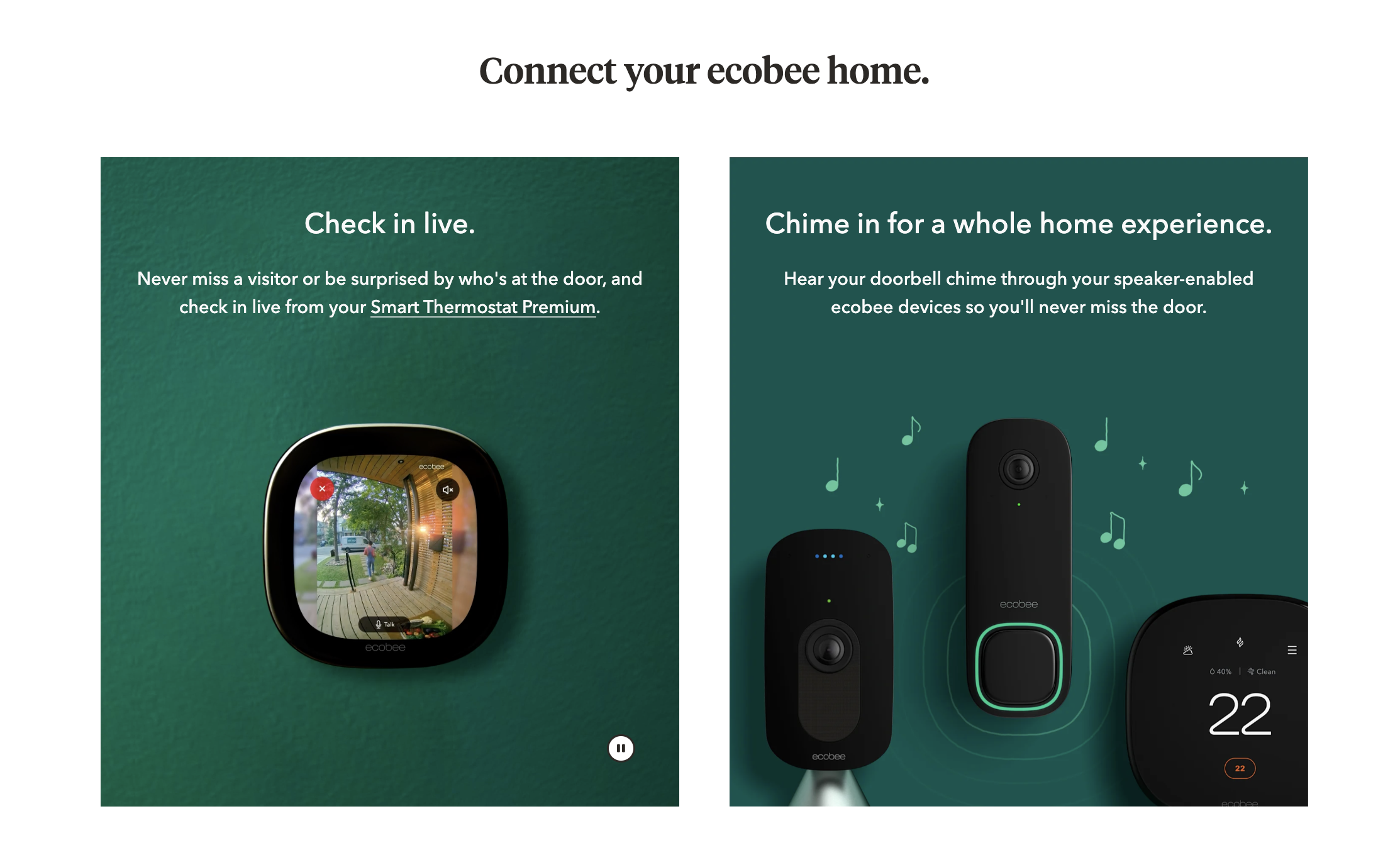 Smart Doorbell Camera page: connect your ecobee home, check in live and chime