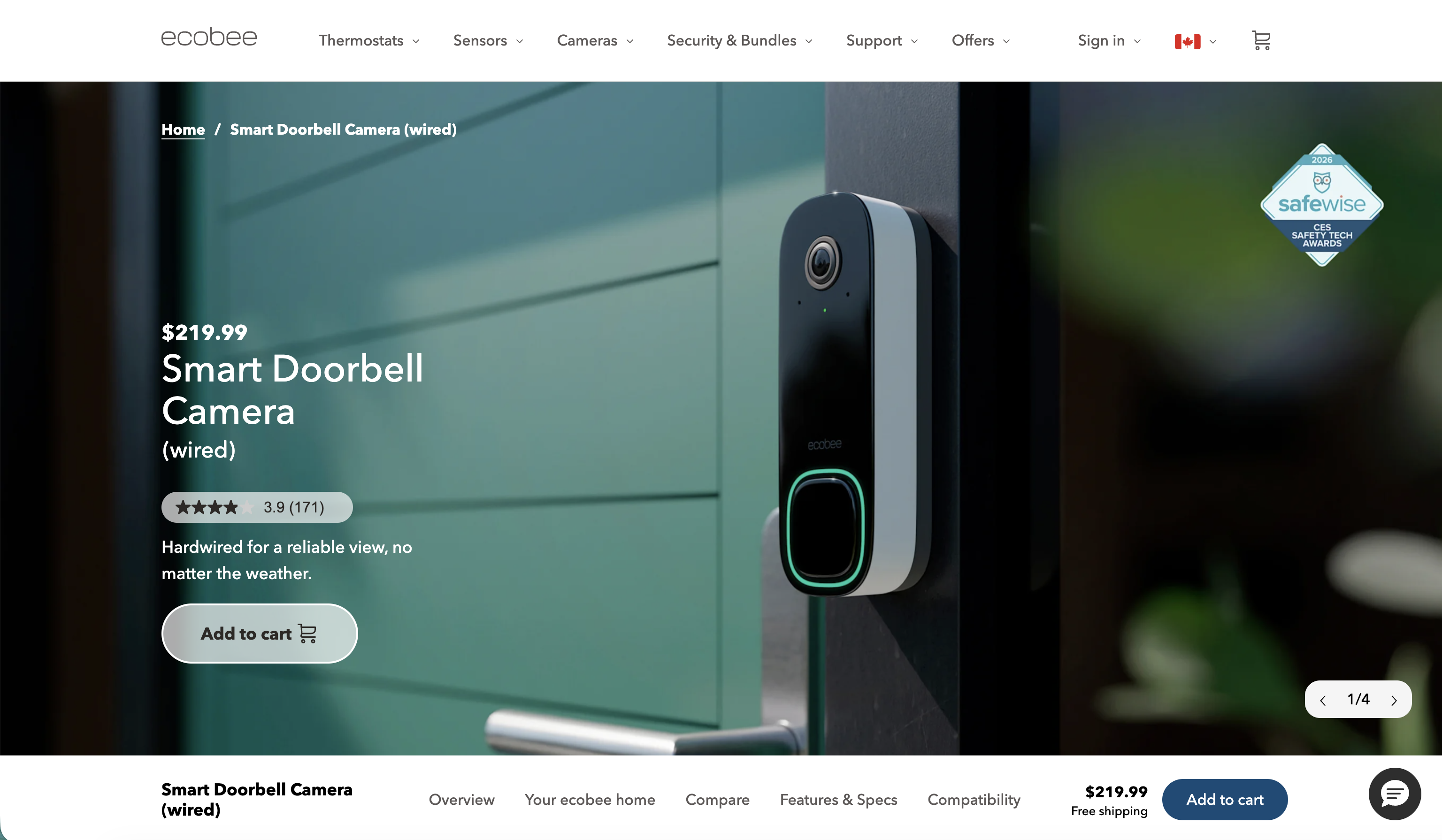 Smart Doorbell Camera page: hero with price and product shot