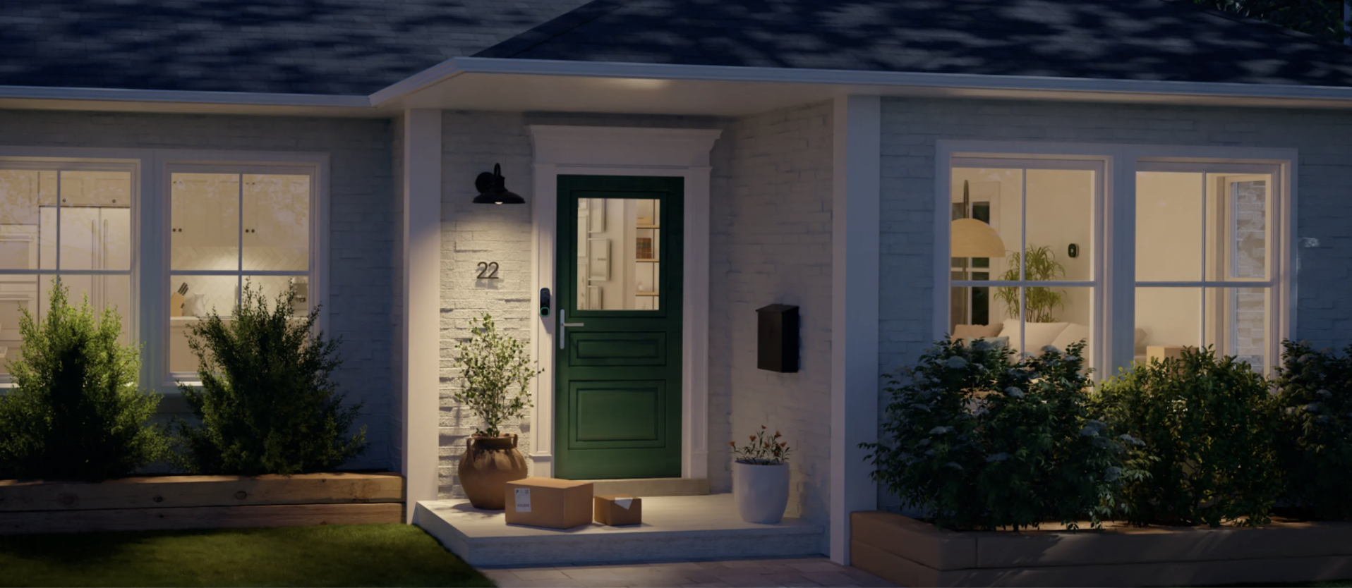 Smart Doorbell Camera page: night-time lifestyle shot with a package at the door