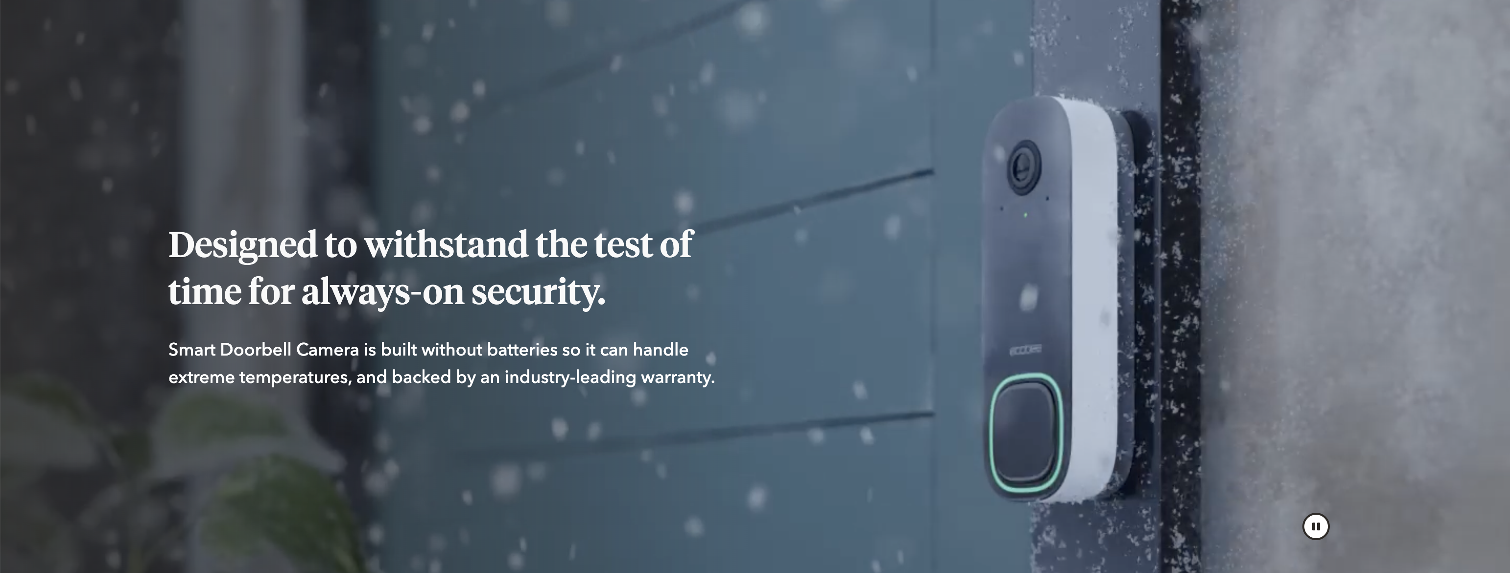 Smart Doorbell Camera page: built to withstand all weather, snow scene